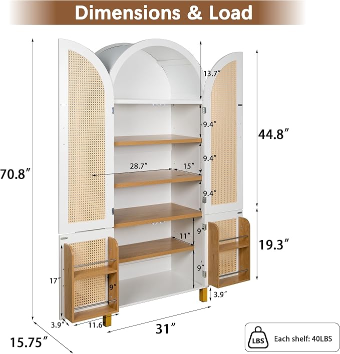Merax 71" Arched Bookcase,Tall Pantry Storage Cabinet with Shelf Doors | Farmhouse Bookshelf with Rattan Doors Built-in Racks for Home Office,Kitchen,Dining Room,White