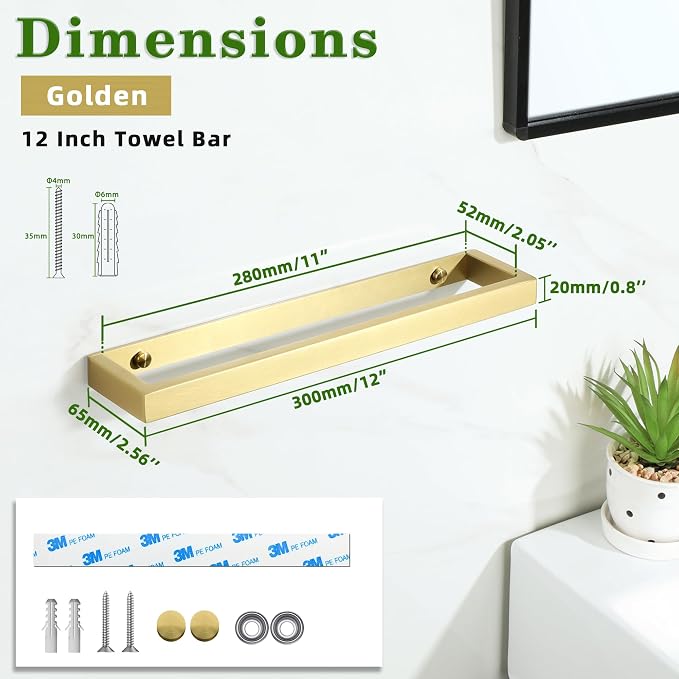 Alise Hand Towel Holder Towel Bar for Bathroom Wall Mounted 12 Inch,Gold | Towel Rack for Bathroom Lavatory,SUS304 Stainless Steel Towel Rail for Bath Kitchen Walls,Self-adhesive or Drilling Mount