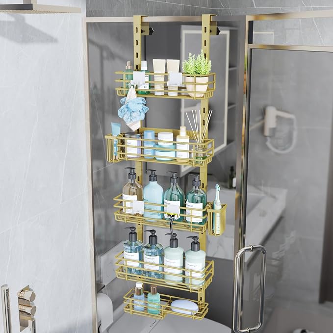 Consumest Over The Door Shower Caddy - 5 Tier Adjustable Shower Organizer Hanging with 2 Toothbrush Holders & 4 Hooks, Rustproof Organizer Shelf, Storage Rack for Bathroom, Gold