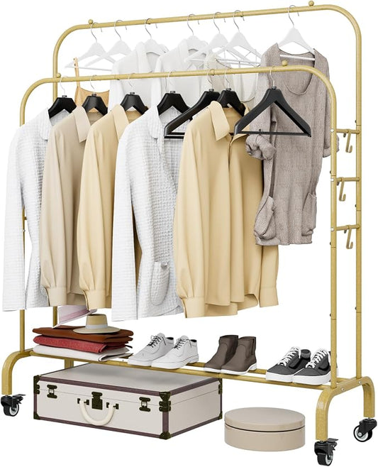 SUOERNUO Clothes Rack with Lockable Wheels Double Rods Metal Garment Racks | Portable Heavy-Duty Clothing Rack with Bottom, Rolling Clothes Shelves for Bedroom Laundry Living Room, Gold