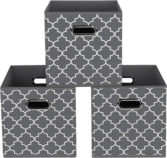 Fabric storage bins Cubes, Fabric Cube Organizer with Handle, Foldable Cube Bins for Cloth or Accessary Storage, 11x11x11, Set of 3, (Gray Light)