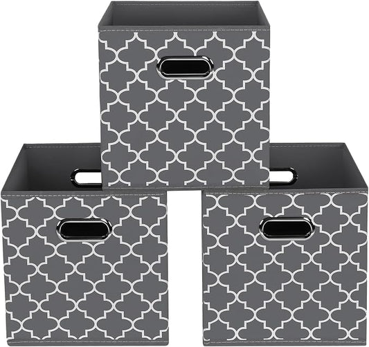 Fabric storage bins Cubes, Fabric Cube Organizer with Handle, Foldable Cube Bins for Cloth or Accessary Storage, 11x11x11, Set of 3, (Gray Light)