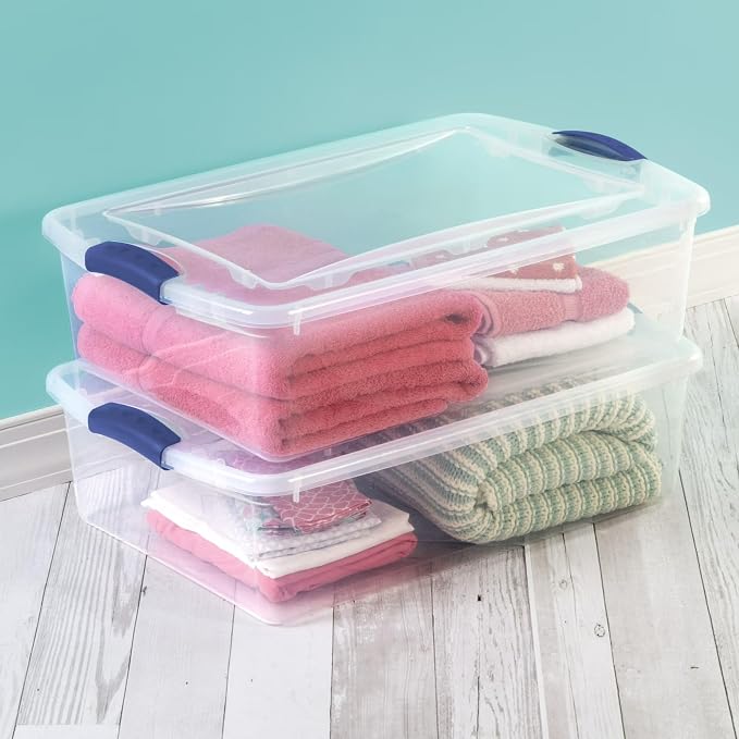 32 Quart Clear Plastic Latching Storage Bin with Lid | Transparent Lid & Bin, Stackable Design, Under Bed Storage, Secure Latch Closure, 61x41x18 cm External