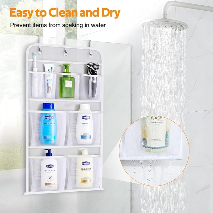 MISSLO Hanging Mesh Pockets Hold 340oz/1000ml Shampoo Shower Organizer with Over the Door Hooks