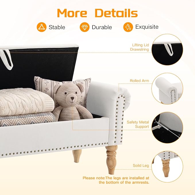 60" Storage Bench for Bedroom,End of Bed Bench with Storage | Linen King Size Bench with Rolled Arms,Storage Ottoman Benches for Living Room,Entryway,Benches for Foot of Bed,Beige