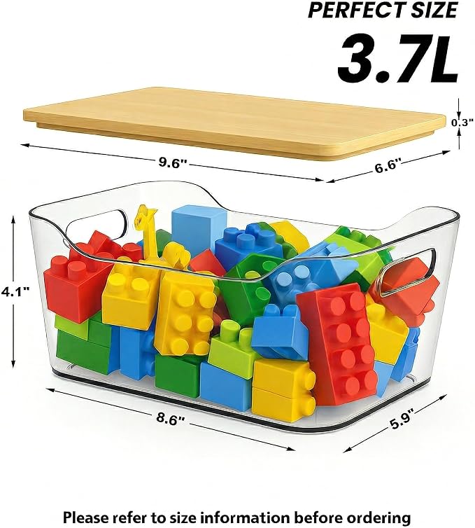 CiWiVOKi 6 Pack Clear Stackable Storage Bins with Bamboo Lids, 3.7L BPA-Free Plastic Organizer Containers with Handles, for Pantry, Kitchen, Fridge, Bathroom, Cabinet & Closet Organization