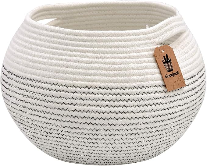 Goodpick Round Woven Storage Basket for Shelves, 12.5" x 8.3", White | Cotton Rope Small Basket with Handles, Stores Towels Dog Cat Toys, Plants, Great for Living Room & Bedroom Décor