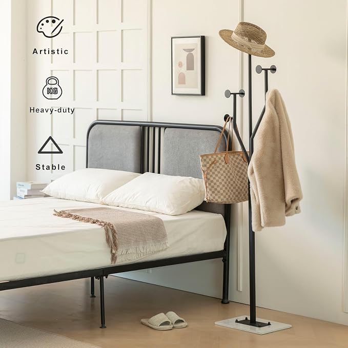JIAYUEJU Freestanding Coat Rack Coat tree for Entryway Bedroom (Black) | Tree-shaped, Easy Assembly, Space Saver, Heavy Duty, Metal Frame, Marble Base, 8 Hooks, Living Room, Office, Corner