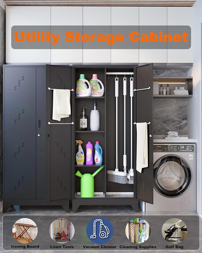 71" Metal Storage Cabinet with Lock, Stainless Steel Bottom, Black | Garage Storage Cabinets with Hanging Rod & S-Hooks, Utility Broom Closet for Laundry Room, Home Office