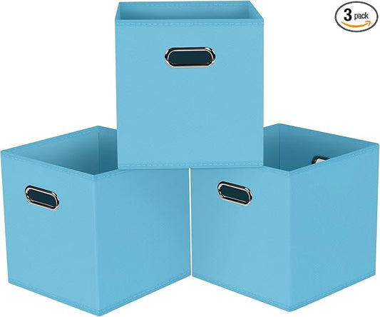 Black Foldable Storage Cubes Bins, Fabric Storage Box Cubes Organizer Baskets with Dual Handles for Home Organizer,Set of 3,(Blue)
