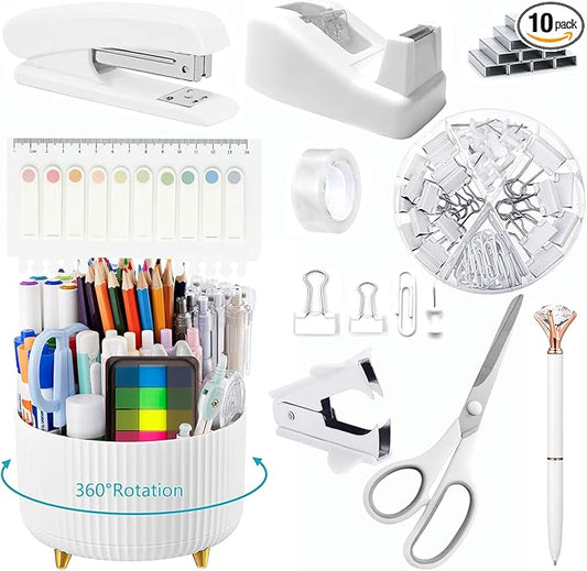 Office Supplies,White Desk Accessories,Office Supplies Set,Desk Organizer,Stapler,Tape Dispenser,Scissors,Staple Remover,Binder Clips,Staples,Ballpoint Pen,Index Tabs with Ruler,Clear Tape.10pcs