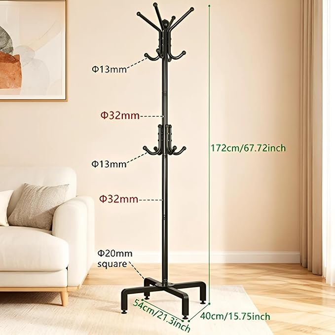 12 Hooks Freestanding Coat Rack Stand, Heavy Duty Metal Coat Tree with Stable Base, 67.7" Tall Black Coat Hanger for Entryway Hallway Bedroom Office, Holds Coats Hats Bags Without Wobbling