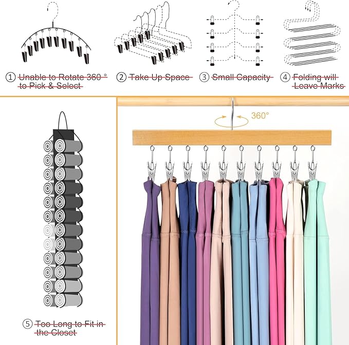 Legging Organizer for Closet, Pants Hangers with Clips | Holds 20 Leggings, Jeans, Hats, Shorts, Socks, 360° Rotating Space Saving Hanging Clothes Organizer and Storage 2Pcs