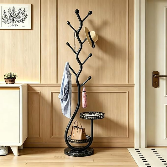 Metal Standing Coat Rack, Small Space Coat Rack Freestanding Hanger Coat Stand with Natural Metal Base & 8 Hooks, Tree-Shaped Coat Rack for Entryway, Hallway, Bedroom, can Hang Clothes, Hats (Black)