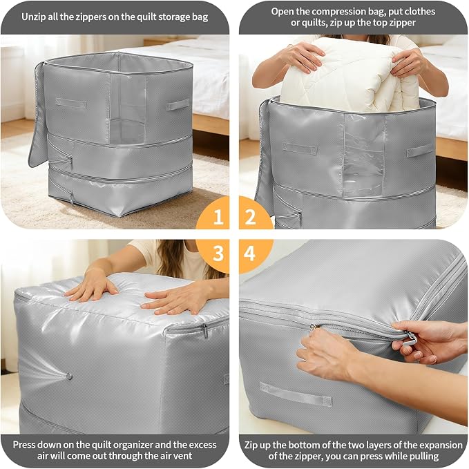 2 Pack Upgrade Comforter Storage Bag with Handle, Space Saving 3-Layer Adjustable In 3 Sizes (142L, 107L, 71L), Compression Blanket Storage Bags, Washable Bedding Organizer For Pillow Duvet Clothing