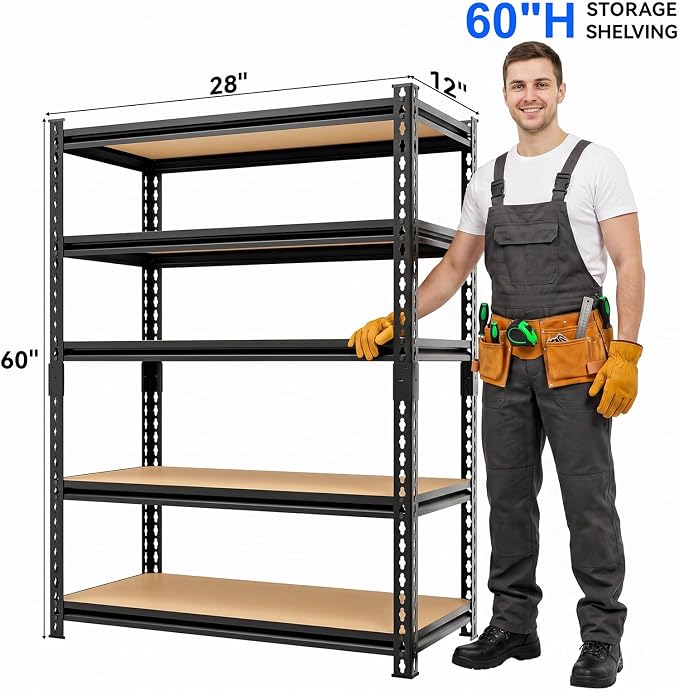3000LBS Storage Rack,5-Tier Heavy-Duty Storage Shelving,Adjustable Metal Shelves,60" Hx28 Wx12 D Shelf for Warehouse,Garage,Pantry, Kitchen,Office