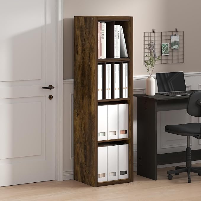 Furinno Cubicle Book Shelf, Vertical 4-Cube Bookshelf, Extra Thick Horizontally & Vertically Reversible Bookcase with Open Back, 14.6" x 16" x 58", for Living Room, Bedroom, Home Office, Amber Pine