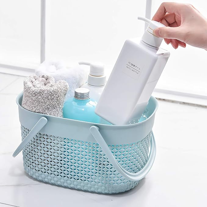 rejomiik Portable Plastic Shower Caddy Basket with Handles, Blue | Organizer Storage Tote Toiletry Bin for Bathroom, College Dorm Essentials, Kitchen, Camp, Gym