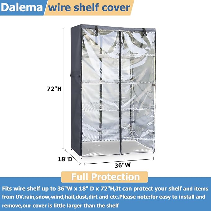 Waterproof Shelf Cover,600D Heavy Duty Dustproof Storage Wire Rack Covers,Outdoor Shelving Covers for Wire Shelves with Zipper 36''x18''x72'',Clear Front.
