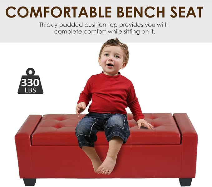 HOMCOM 51" Ottoman with Storage Safty Hinge Upholstered 330 lb Bright Red | Storage Ottoman Bench, Faux Leather Entryway Bench, Seating for Living Room, Bedroom