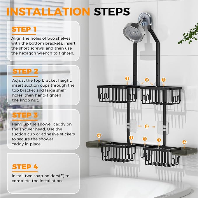 Adjustable Aluminum Shower Caddy Hanging for Handheld Showerhead, Black | Rustproof Aluminum, Shower Organizer, Anti-Slip, Quick-Drain Shelf, 40lbs Capacity, Suction Cups, 8 Hooks, Razor Soap Holders