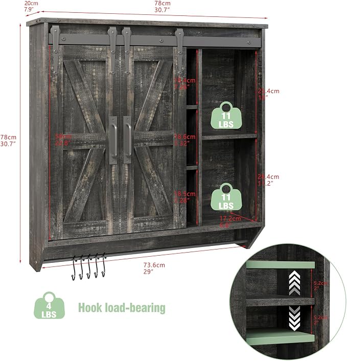 Trironsun Farmhouse Medicine Cabinet 2 Sliding Barn Doors 3 Tier Rustic Wood Wall Storage Cabinet Adjustable Shelf Towel Bar Wall Mounted Bathroom Wall Cabinet