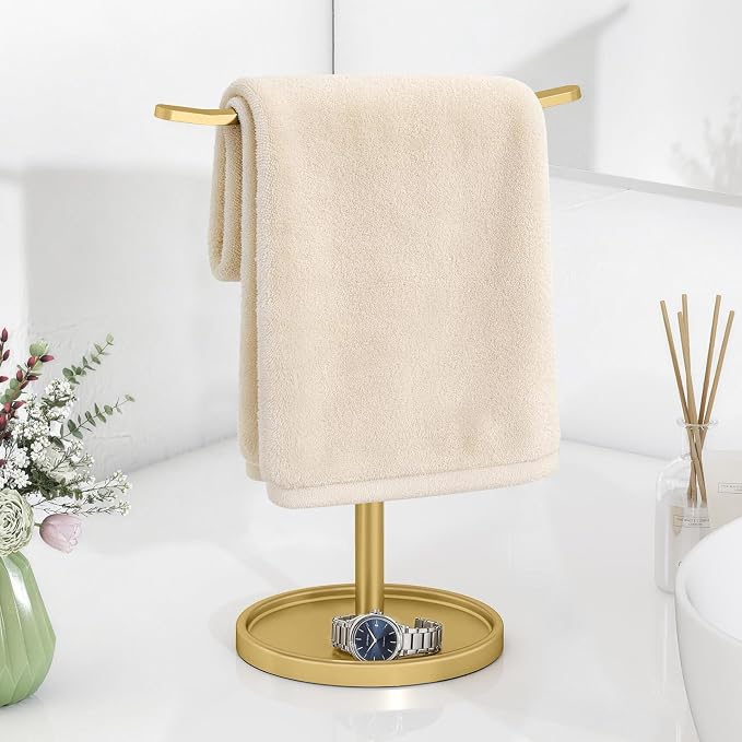 STWWO Hand Towel Holder | Stainless Steel Towel Holder Stand for Bathroom, Kitchen Countertop, T-Shaped Hand Towel Rack Stand, Gold