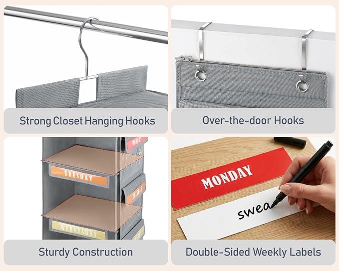 DIMJ Hanging Closet Organizer 2 in 1 - Weekly Clothes Organizer for Kids Over the Door Organizer 6-Shelf Daily Monday Friday Weekend Hanging Shelves, for School Outfits, Baby Clothes, Grey