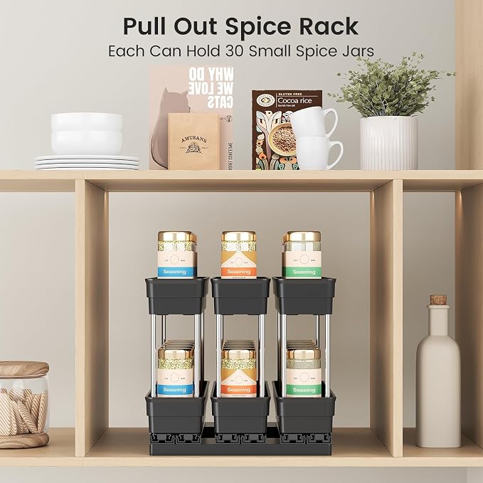 Mystozer Pull Out Spice Rack Organizer for Cabinet, Slide Out Spice Racks Organizer, Easy to Install Spice Cabinet Organizers, 8.5''Wx10.5''Dx8.3''H, 3 Drawers - 2 Tiers (Black)