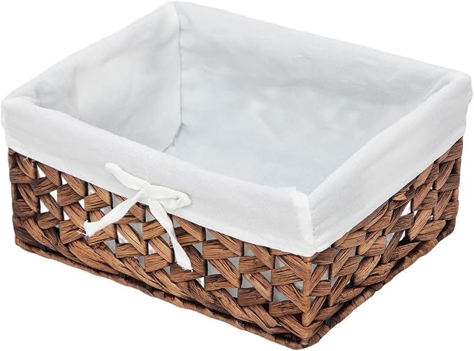Water Hyacinth Storage Basket Small with Metal Frame & Removable Liner, 11.8”×7.9”×5.5” Rectangular Woven Organizer Bin for Bathroom Vanity, Desk, Nursery, Closet, Home Organization