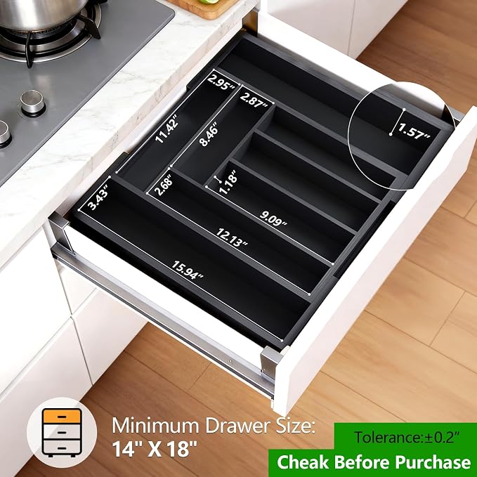 Pipishell Bamboo Expandable Drawer Organizer for Utensils Holder, Adjustable Cutlery Tray, Wood Drawer Dividers Organizer for Silverware, Flatware, Knives in Kitchen, Bedroom, Living Room (Black)