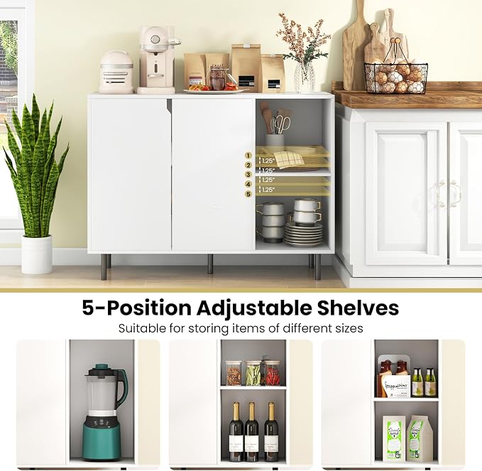 Giantex Buffet Cabinet with Storage, Wooden Sideboard with 2-Door Cabinet, 2 Cubes, 5-Position Adjustable Shelves, 5 Metal Legs, Anti-Toppling Device, Modern Furniture for Kitchen Living Room (White)