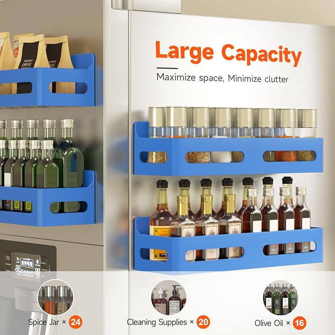 Sevenblue 4-Pack Magnetic Spice Rack for Refrigerator with Hooks, Blue | Strong multipurpose magnetic shelf for kitchen & bathroom organization. Includes 4 removable hooks for hanging items.