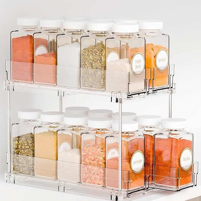 2 Tier Sliding Spice Racks for Cabinets,1 Pack 10.4'' Deep Narrow Vertical Spice Rack Pull Out for Inside Cabinets,Kitchen,Pantry,Cupboard Seasoning,Jar Organizer and Medicine Cabinet Storage