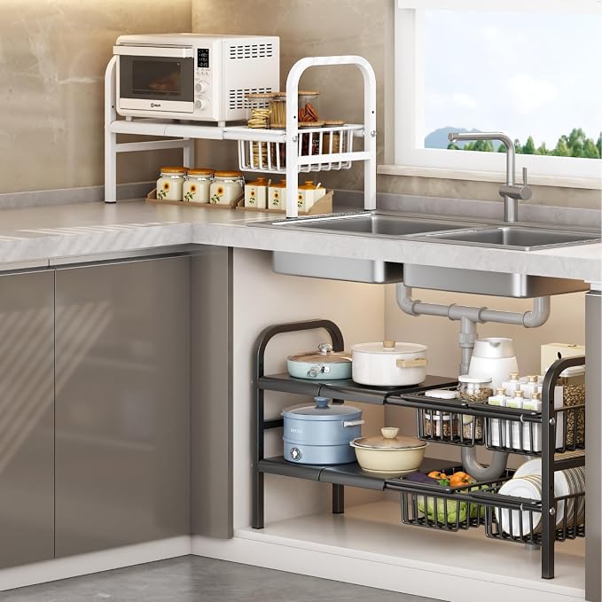Under Sink Organizer，2 Tier Expandable Heavy Duty Metal Shelf，with 5 Removable Panels and 5 Storage Basket for Under Kitchen Bathroom Sink Organizers and Storage(Black, Large)