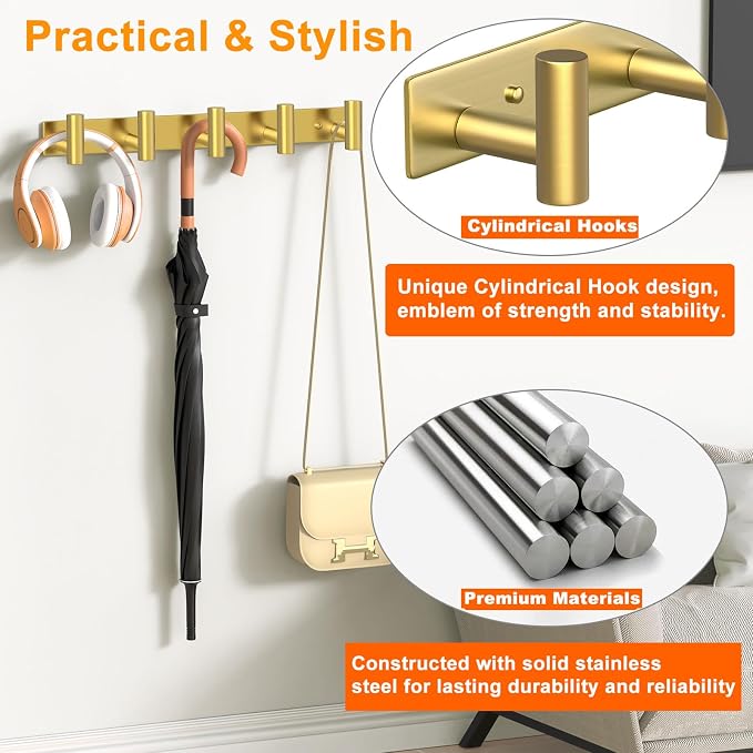 Wall Mounted Coat Rack-5 Hooks, Heavy Duty Stainless Steel Wall Hooks for Towel Coat Bag, Hat Rack Coat Hanger Coat Hooks Towel Racks for Bathroom Entryway Kitchen Hotel Office (Gold, 1 Pack)