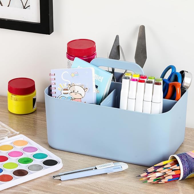 Multiuse Caddy Organizer with Handle, Portable Divided Plastic Tote Bin - Art Craft, Stationary Pen Marker Crayons, Makeup Hair Supplies Storage - Bathroom, Classroom, Dorm, Office, Desk Holder - Blue
