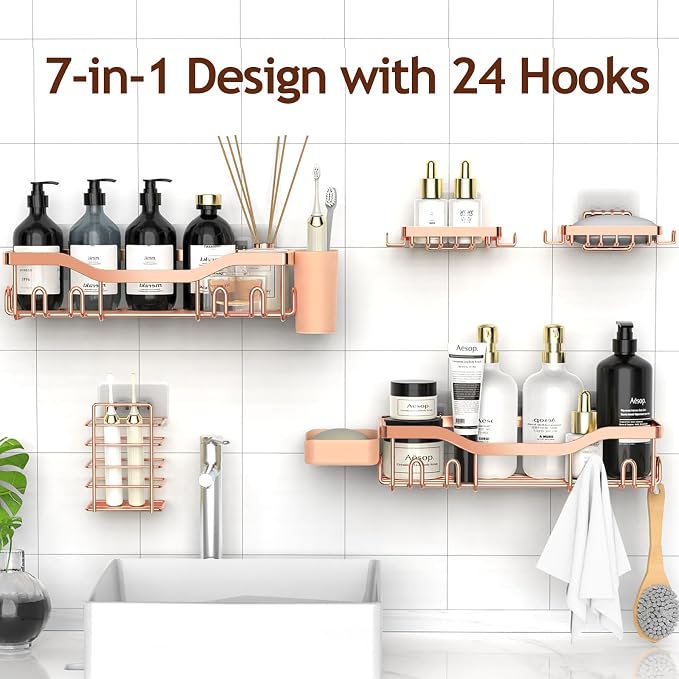 NESOMI Shower Caddy Adhesive Shower Organizer 7-Pack, Rustproof Stainless Steel Bathroom Shelves, Large Capacity No-Drill Rack Storage Accessories with Soap Dish Toothbrush Holder Hooks