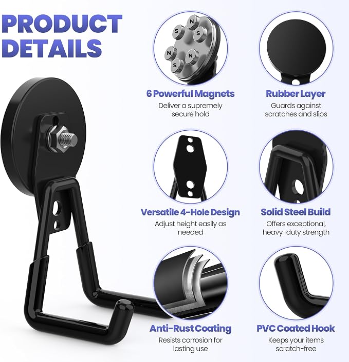 Magnetic Utility Hooks Heavy Duty, 6 Pack 2.6in Large Strong Magnet Utility Hooks, Magnetic Garage Hangers/Holder With Rubber Coating For Power Drill, Tool Storage, Indoor & Outdoor Hanging(Black)