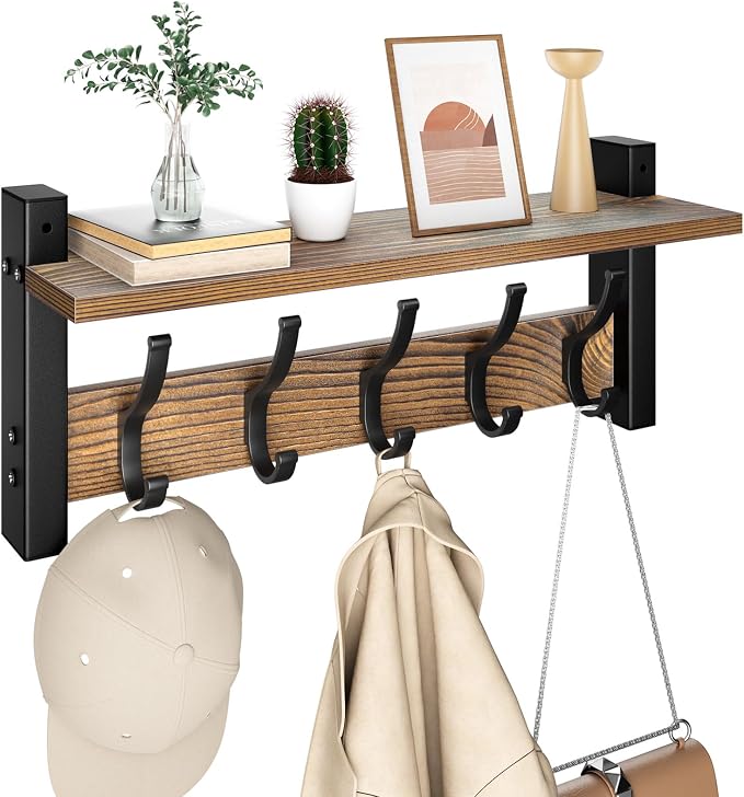 Optish Coat Rack Wall Mount with Shelf, 17.1 Inch Coat Hanger, Entryway Wall Key Holder, Hat Rack for Walls, Shelf with 5 Coat Hooks, Purse Hanger for Wall (Brown)