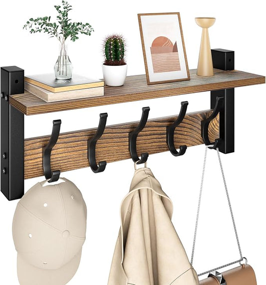 Optish Coat Rack Wall Mount with Shelf, 17.1 Inch Coat Hanger, Entryway Wall Key Holder, Hat Rack for Walls, Shelf with 5 Coat Hooks, Purse Hanger for Wall (Brown)
