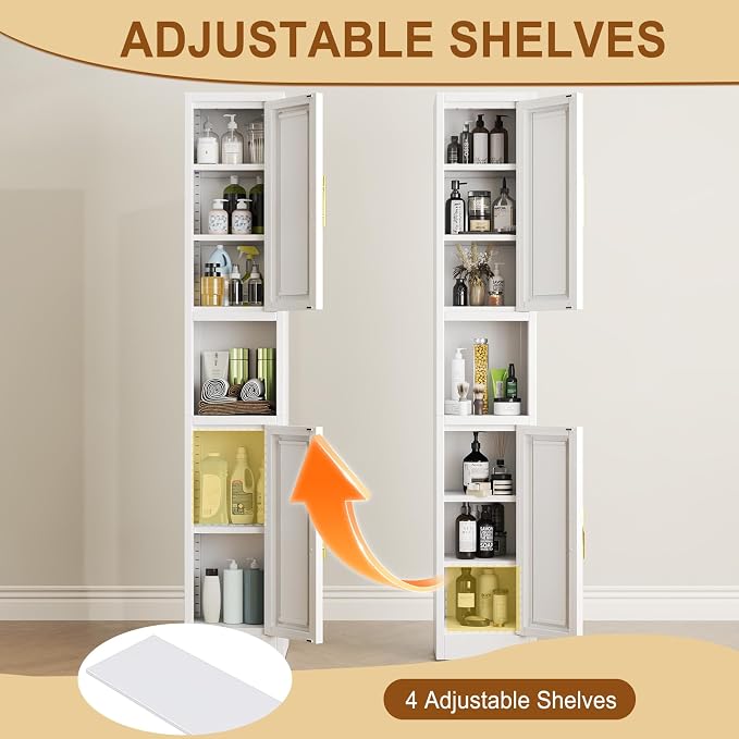 Tall Metal Narrow Bathroom Storage Cabinet 67" H, Tall White Pantry Cabinets with 4 Adjustable Shelves and 2 Doors for Kitchen, Home Office, Living Room, Dining Room(11.8 inches Wide)