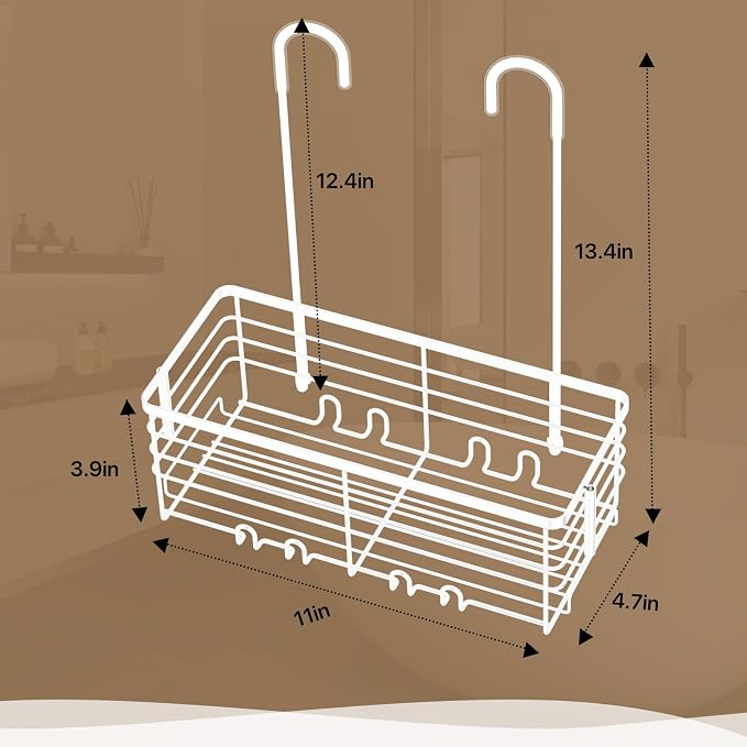 DELLAN Hanging Shower Caddy, Shower Rack Hanging for Bathroom, White | Shower Rack with Hooks Over the Door, Bathroom Shower Caddy and Basket