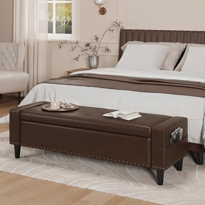 60" Storage Ottoman Bench, Faux Leather Upholstered Bed Bench with Tufted Buttons and Nailhead Trim, Large Ottoman with Storage for King Size End of Bed, Bedroom, Entryway, Hallway (Chocolate)