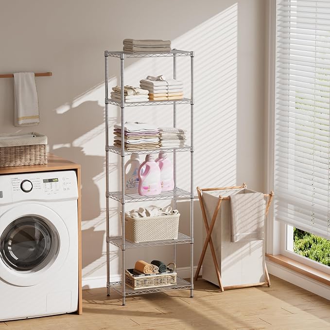 SINGAYE 6 Metal Shelves Wire Shelving Storage Shelf Adjustable Unit Pantry | 6 Tier Kitchen Laundry Room Organization Home Pantry Closet Bathroom Organizers Garage Rack 12" D x 22" W x 69.5" H Gray