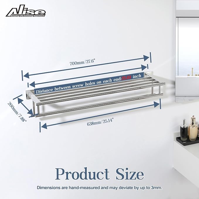 Alise 28 Inch Double Towel Rack for Bathroom Wall Mounted,Polished Chrome | Bathroom Tower Holder Towel Shelf with Double Towel Bars,SUS304 Stainless Steel Towel Rack with Shelf