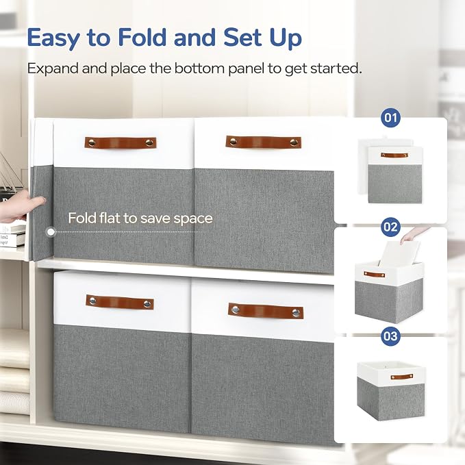 Patvingot 13-Inch Linen Storage Cubes with Labels and PU Handles,4 Pack | Roomy storage for blankets, sweaters and towels, reinforced bottom, contents stay easy to identify, folds flat when empty