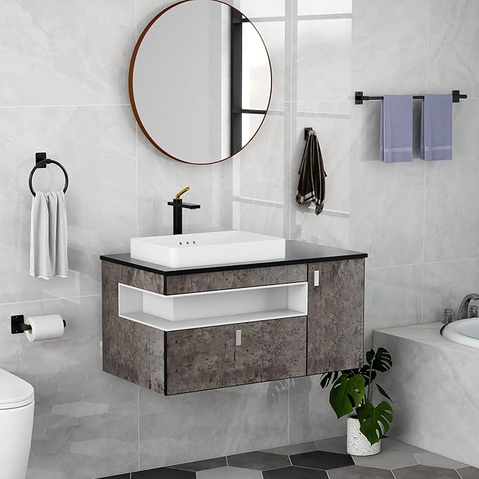 KLJKPA Black Bathroom Accessories Set, 4-Piece Bathroom Hardware Set | 24 inch Towel Bar, Towel Racks for Bathroom, Robe Towel Hooks, Toilet Paper Holder Wall Mounted