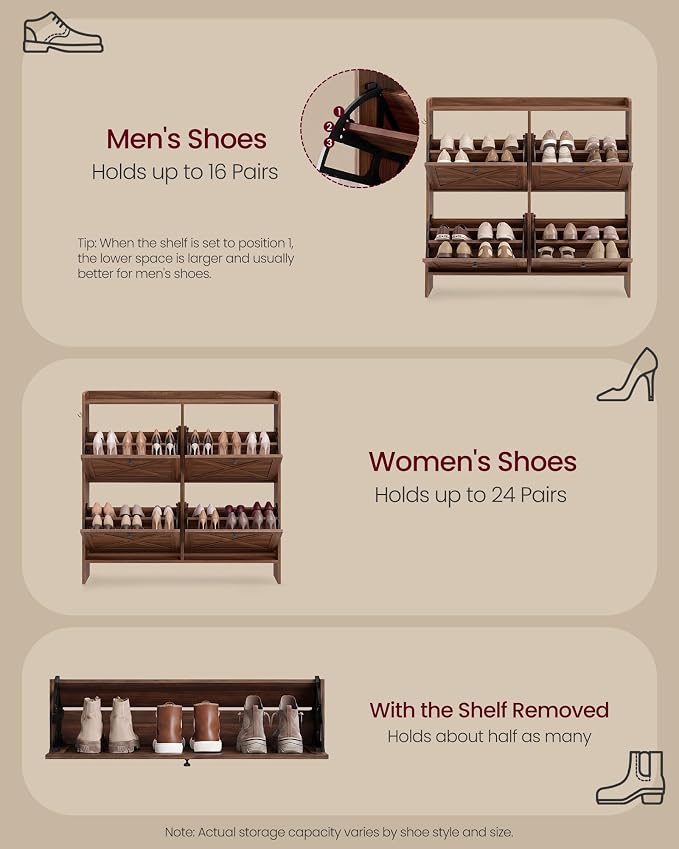 VASAGLE Shoe Storage Cabinet Organizer with 4 Flip Drawers, Freestanding Narrow Shoe Rack Cabinet for Entryway, Farmhouse Style, Fits 14 to 16 Pairs, Chestnut Brown UHSC403KX01