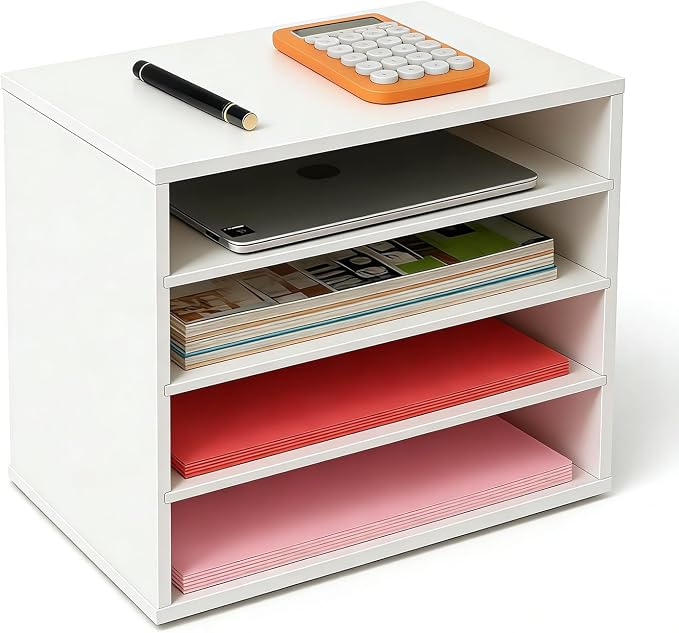 EMERIT 4-Tier Adjustable Paper Organizer, Large Capacity Desktop Organzier for Textbooks/Magazines/Office Files, Wooden Dividers, 7 lbs per Shelf, White